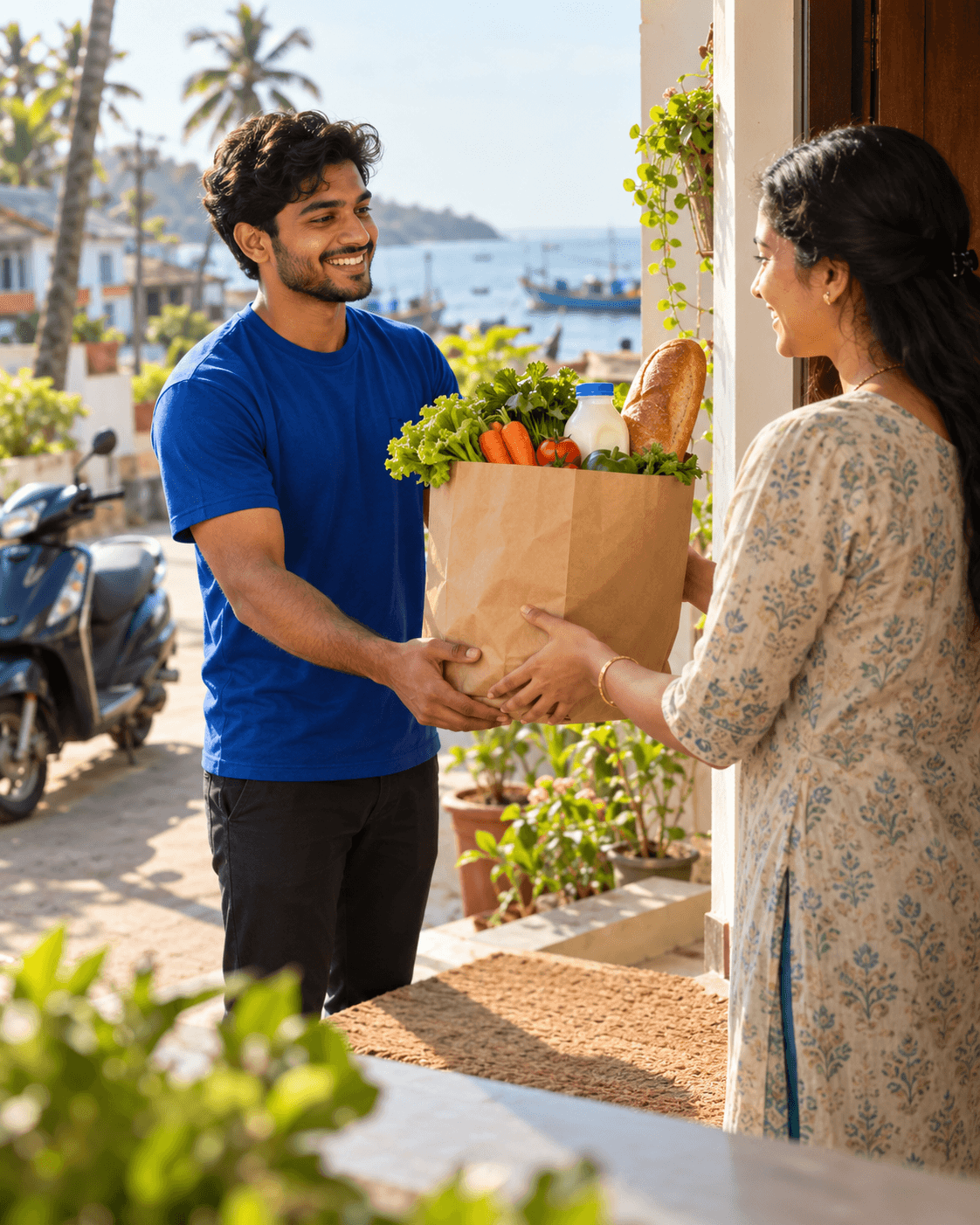 A Gloceries rider handing a bag of fresh groceries to a customer at her door